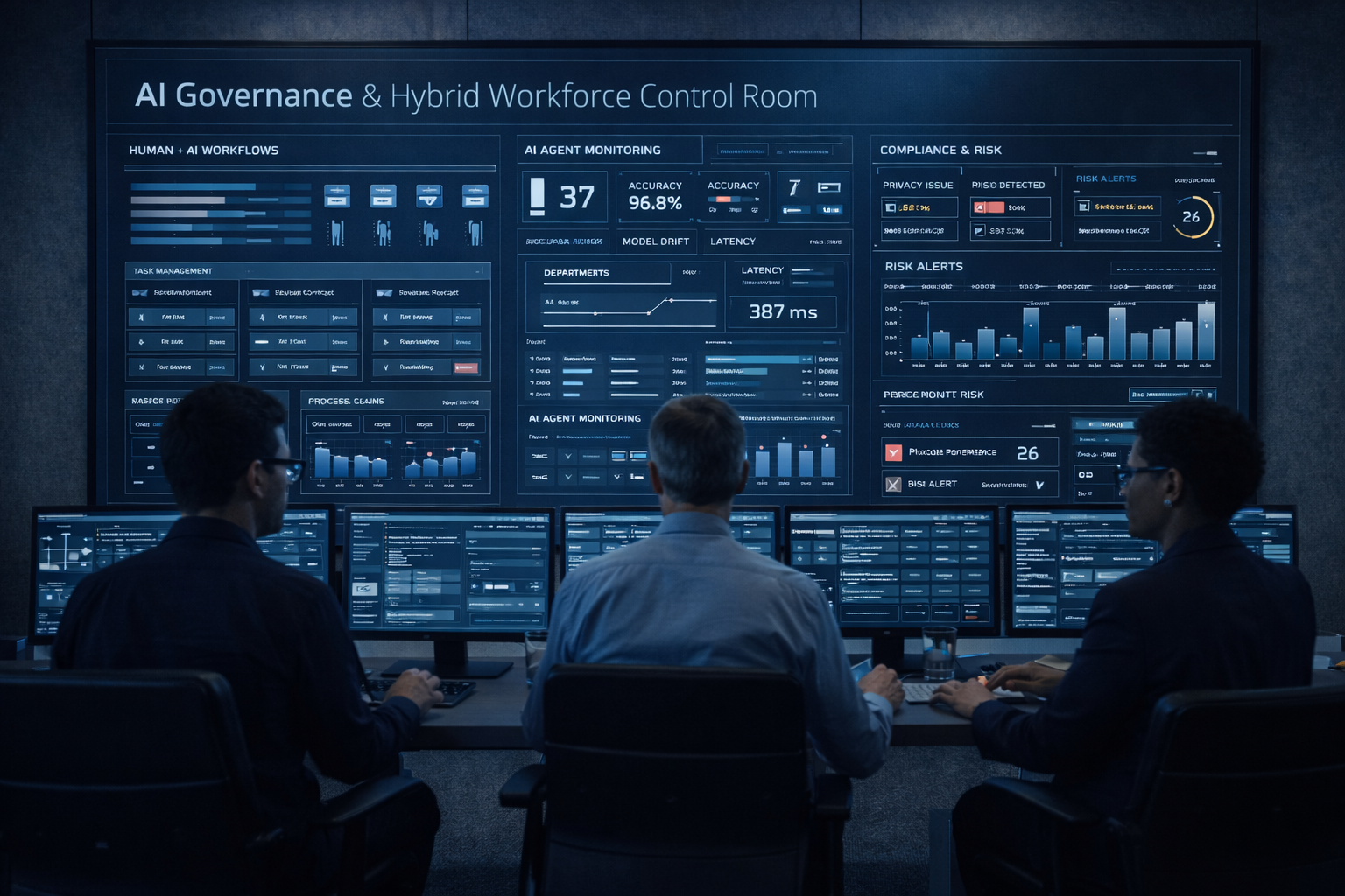 Professionals monitoring an AI governance and hybrid workforce control room dashboard